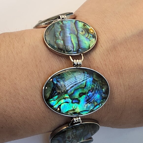 NIB Genuine Abalone Shell Inlay Toggle Bracelet & Earrings Stainless Set - Picture 12 of 16